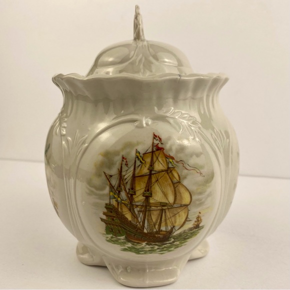 Vintage ceramic lidded jar decorative cannister, sailing ships nautical decor 7" - Picture 1 of 10
